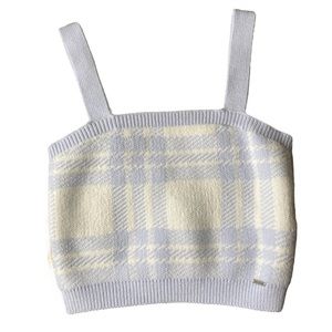 Hollister Knit Sweater Tank Cream Light Blue Plaid Cropped